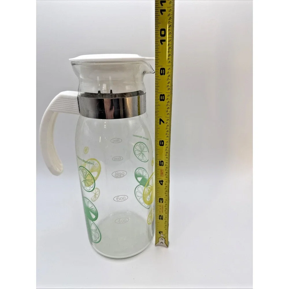 Vintage Pyrex Lemon Lime Pitcher Carafe Lid Strainer 1 Qt Welcome Degustation
